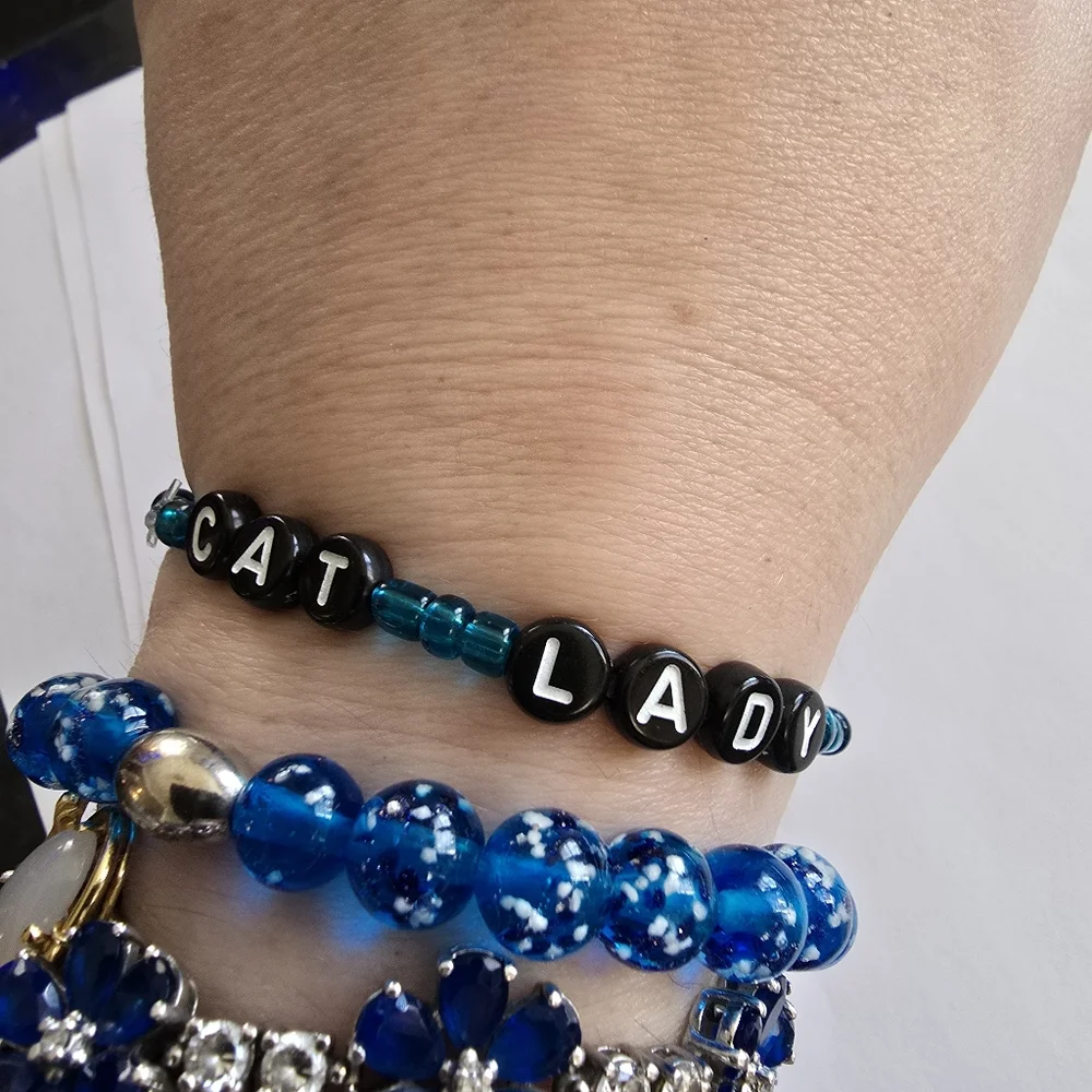 Cat Lady bracelet teal blue stretch handmade beaded word friendship jewelry
